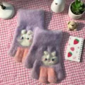Guanti invernali caldi per bambini in maglia peluche simpatico coniglio cartone animato ispessiti - Taglia unica / Orecchie di coniglio in jacquard viola