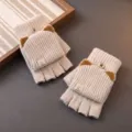 Cute cat ear knitted half-finger flip gloves for winter warm thick unisex student writing office - One Size / Beige