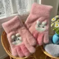Guanti invernali rosa per bambini con design da coniglietto, calda variante a cinque dita. - Taglia unica / Orecchie di coniglio in jacquard rosa
