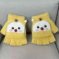 Guanti gialli carini in maglia mezza dita con risvolto, design peluche cartoon invernale caldo. - Taglia unica / Piccola palla di neve, giallo