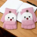 Pink cute cartoon knit flip half-finger gloves warm winter convertible mittens for kids - One Size / Small Snowball, Pink
