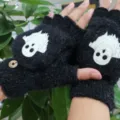 Women winter warm knitted half-finger flip gloves cute ghost pattern student plush gloves. - One Size / Halloween Luminous Ghost Heat Transfer - Black
