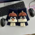 Guanti mezze dita in maglia con pinguino cartoon per bambini inverno caldi design a ribalta. - Taglia unica / Pinguino di peluche nero