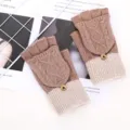 Women winter convertible half-finger knit gloves with flip cover cozy warm wool mittens. - Half-Finger Cable Knit in Khaki