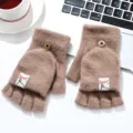 Guanti senza dita convertibili in peluche cachi, caldi guanti di maglia invernali. - Taglia unica / Kaki