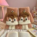 Winter cute cartoon squirrel convertible knitted gloves for kids warm half finger mitten - One Size / Plush Penguin in Coffee