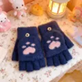 Guanti invernali caldi in maglia mezza dita con risvolto per studenti, design zampa di gatto, blu scuro. - Taglia unica / Design zampa di gatto ciano