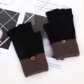 Women knit convertible fingerless gloves winter warm half finger flip top mittens black brown - Half-Finger Cable Knit in Black