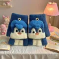 Kids cute cartoon penguin warm flip-cover knit gloves for winter boys and girls half-finger. - One Size / Plush Penguin Cyan