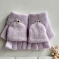 Children winter knit flip gloves, warm plush half finger mittens, purple cute style. - One Size / Dotted Cap - Purple
