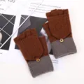 Women winter warm half finger flip top knit gloves cute woolen convertible writing gloves - Half-Finger Cable Knit in Brown