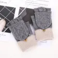 Knit convertible half-finger gloves grey beige winter warm fingerless gloves for women - Half-Finger Cable Knit Gloves in Grey