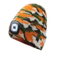 Gedetailleerd overzicht van de LED gebreide muts met camouflagemotief en ingebouwde lamp. - Eén maat / Oranje en Wit
