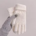 Women winter warm knit touch screen gloves thick five finger cotton woolen gloves main - One Size / Pineapple Pattern Faux Cashmere Set - White