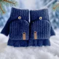 Dark blue knitted convertible half-finger winter gloves for cold weather with plush lining. - One Size / Cyan Ribbed Label