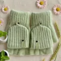 Green knitted convertible fingerless gloves for women winter warm half finger fleece lined mittens. - One Size / Green Ribbed Label