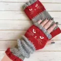Guanti lavorati a maglia senza dita inverno caldo rosso grigio patchwork gatto design - Stile Luminoso / Rosso Testa di Gatto
