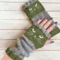 Guanti invernali a maglia senza dita alla moda con ricamo di gatto carino e caldo. - Stile Luminoso / Verde Testa di Gatto