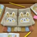 Kids Winter Flip Top Fingerless Gloves Cute Cartoon Rabbit Warm Writing Mittens Khaki - One Size / Khaki