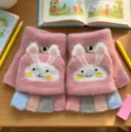 Kids winter flip-top half-finger gloves cute rabbit knit warm gloves for student study - One Size / Red