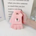 Pink knit half finger flip cover gloves for women, cute bear winter warm thermal mittens. - One Size / Bear Nose Pink