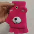 Women winter thick warm half finger flip cover cute cartoon bear plush gloves for office daily use - One Size / Bear Nose Red