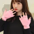 Guanti rosa morbidi peluche mezze dita con patta per studenti invernali caldi muffole - Taglia unica / Rosa