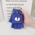 Plush knit half-finger convertible gloves for women winter warm cute bear design purple - One Size / Bear Nose Blue