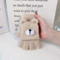 Women winter plush knit half finger convertible gloves cute cartoon bear beige warm office wear - One Size / Bear Nose Beige