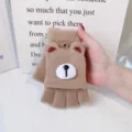 Women Winter Warm Knitted Half-Finger Bear Gloves Thickened Cute Convertible Mittens - One Size / Bear Nose Coffee
