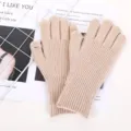 Beige gebreide touchscreen handschoenen voor dames winter warme wol vingerloze wanten comfortabel. - Middellange verticale strepen - Beige