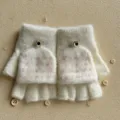 Kids fleece lined knit gloves cute cartoon polka dot convertible mitten warm winter wear. - One Size / Dotted Cap - Off-White