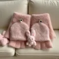 Cute plush cartoon winter warm knitted convertible gloves for kids, thick fleece lined pink. - One Size / Dotted Cap - Pink