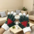 Bonitos guantes de invierno de punto con árbol de Navidad y puños de felpa cálidos. - Niños / Árbol de Navidad - Verde