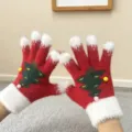 Lindos guantes de invierno de punto con diseño de árbol de navidad y pompones suaves. - Niños / Árbol de Navidad - Rojo