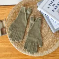 Women's winter warm knitted solid color touchscreen gloves for cold weather daily outdoor wear. - One Size / Split Five-Finger Gloves - Olive Green