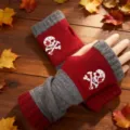 Herbst Winter Strick halbfinger Handschuhe rot grau Farbblock kuschelig warme Mode Handbekleidung. - Totenkopf Rot