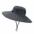 Grey wide brim sun hat for outdoor fishing, breathable mesh and adjustable chin strap design. - Plain Style (No Fan) / Dark Gray