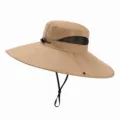 Wide brim sun hat with breathable mesh and adjustable chin strap for outdoor fishing UV protection - Plain Style (No Fan) / Khaki