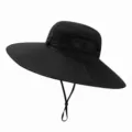 Black outdoor sun hat with wide brim, breathable mesh and wind rope for fishing and hiking. - Plain Style (No Fan) / Black
