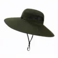 Green wide brim sun hat with mesh panels and adjustable chin strap for outdoor fishing and hiking. - Plain Style (No Fan) / Green