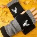 Modische Herbst Winter schwarz grau Strick fingerlose Handschuhe mit Vogel Stickerei. - Adler Schwarz