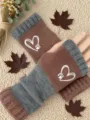 Damen Strick Fingerlose Handschuhe Winter Warm Braun Grau Herz Pfote Fäustlinge - Herz Khaki