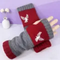 Modische Winter Strick Handschuhe fingerlos rot grau mit niedlicher Vogel Stickerei. - Adler Rot