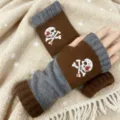 Gestreickte fingerlose Handschuhe Winter warm braun grau Totenkopf Muster Mode Alltag - Totenkopf Kaffee