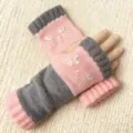 Rosa graue Strick halbfingerhandschuhe mit süßer Katzen Stickerei, warme Winter Handgelenkwärmer. - Katzenkopf Rosa