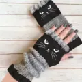 Winter warme gefleckte Strick-Fingerspitzenlose Handschuhe mit niedlichem Katzenmuster. - Katzenkopf Schwarz