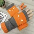 Herbst Winter Strick Fingerlose Handschuhe Orange Grau Süße Katzen Stickerei Warme Mode - Katzenkopf Orange