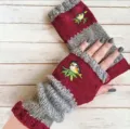 Modische warme Strick-Fingerlos-Handschuhe für Damen, gemütliche Winter-Armstulpen gestreift. - Halbfinger Vogel Dunkelrot