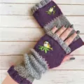 Gestrickte fingerlose Handschuhe Winter warm lila grau Farbblock bestickter Vogel Armwärmer - Halbfinger Vogel Lila